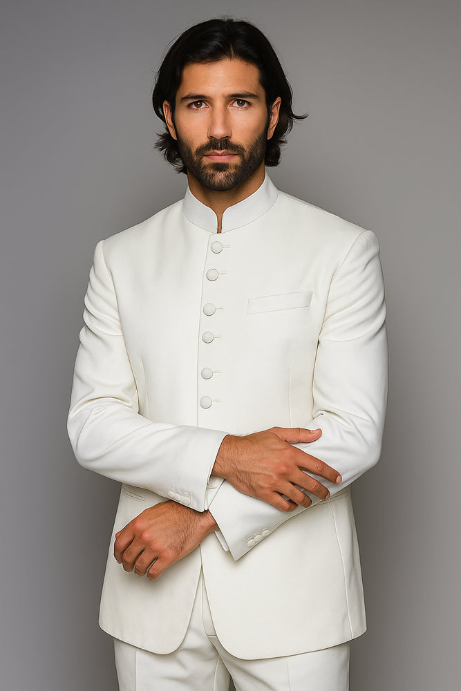 Quality Pure Snow White Mandarin Collar Tuxedo Suits For Men Light Weight Soft Fabric - All White Suit