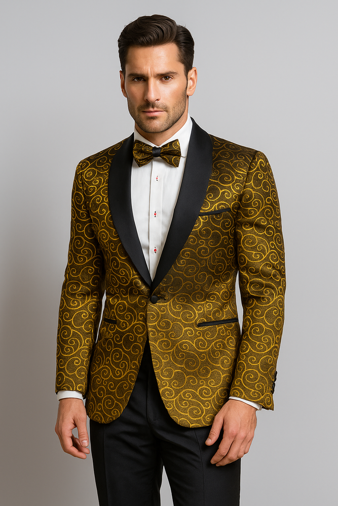 Gold And Black Two Toned Paisley Floral Blazer Tuxedo Dinner Jacket Fashion Sport Coat + Matching Bow Tie