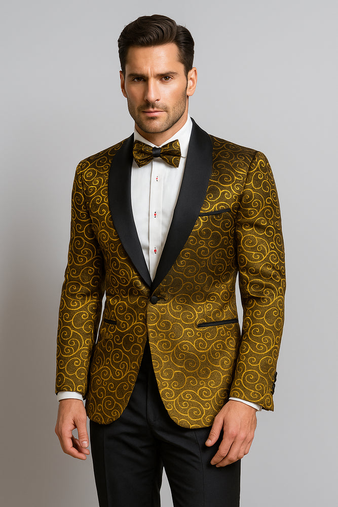 Gold And Black Two Toned Paisley Floral Blazer Tuxedo Dinner Jacket Fashion Sport Coat + Matching Bow Tie