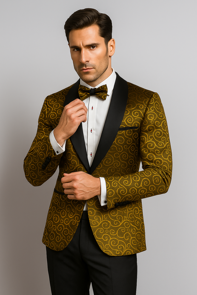 Gold And Black Two Toned Paisley Floral Blazer Tuxedo Dinner Jacket Fashion Sport Coat + Matching Bow Tie