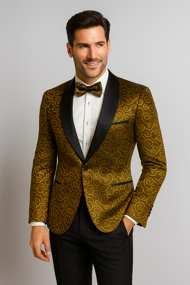 Gold And Black Two Toned Paisley Floral Blazer Tuxedo Dinner Jacket Fashion Sport Coat + Matching Bow Tie