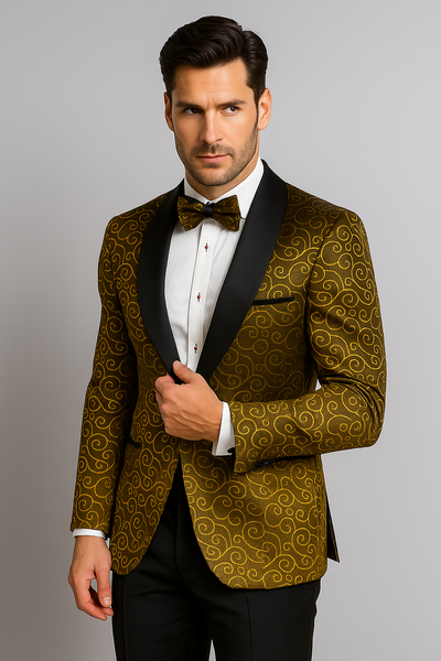 Gold And Black Two Toned Paisley Floral Blazer Tuxedo Dinner Jacket Fashion Sport Coat + Matching Bow Tie
