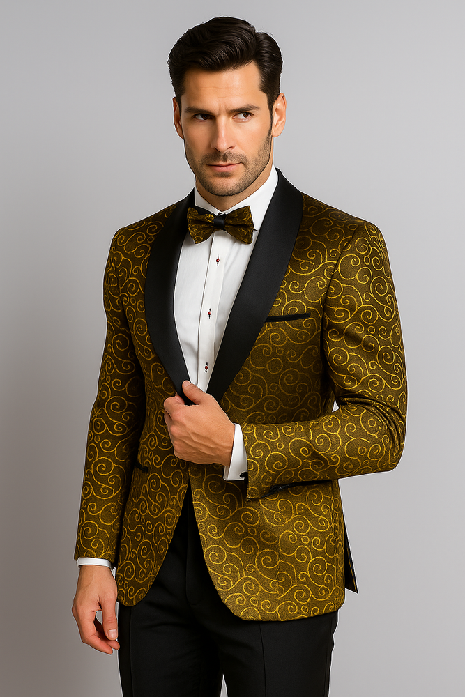 Gold And Black Two Toned Paisley Floral Blazer Tuxedo Dinner Jacket Fashion Sport Coat + Matching Bow Tie