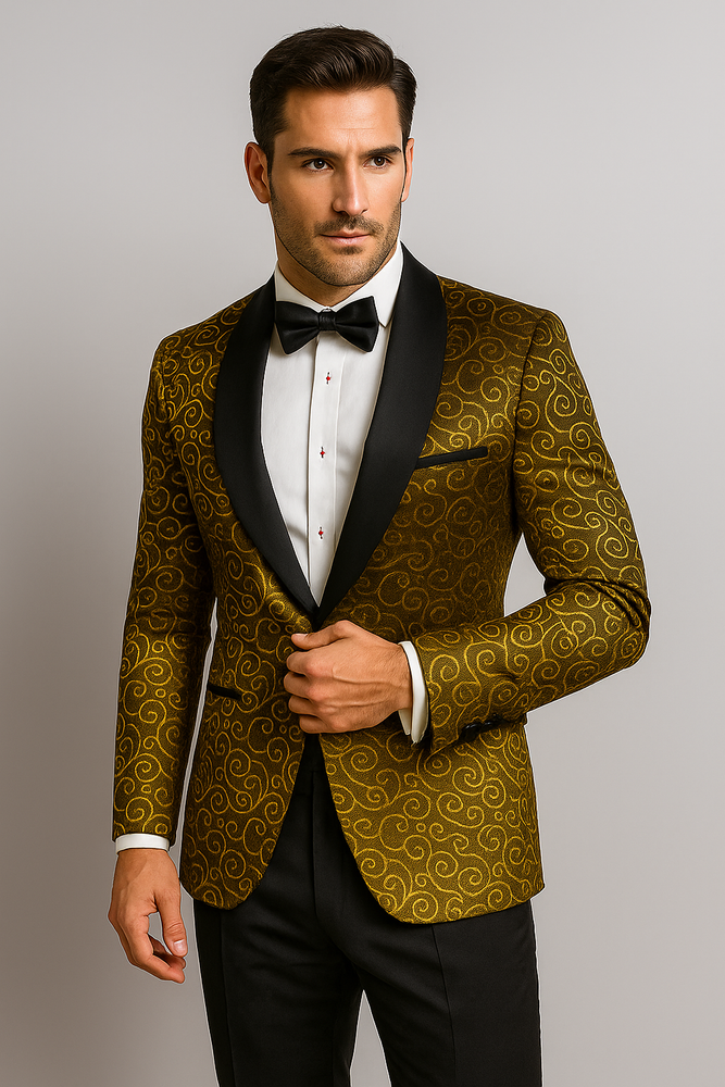 Gold And Black Two Toned Paisley Floral Blazer Tuxedo Dinner Jacket Fashion Sport Coat + Matching Bow Tie