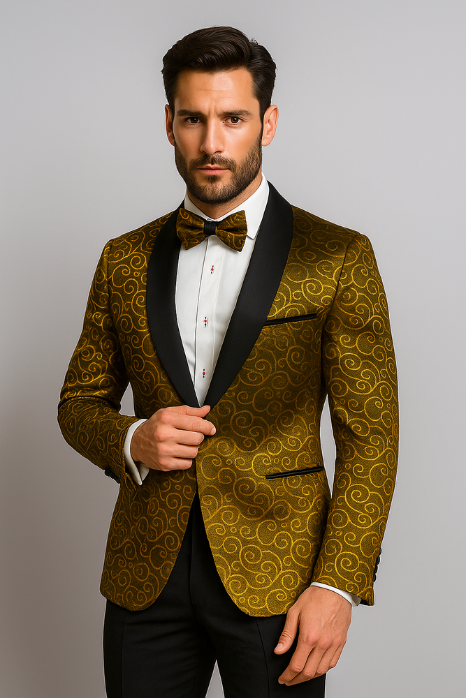 Gold And Black Two Toned Paisley Floral Blazer Tuxedo Dinner Jacket Fashion Sport Coat + Matching Bow Tie