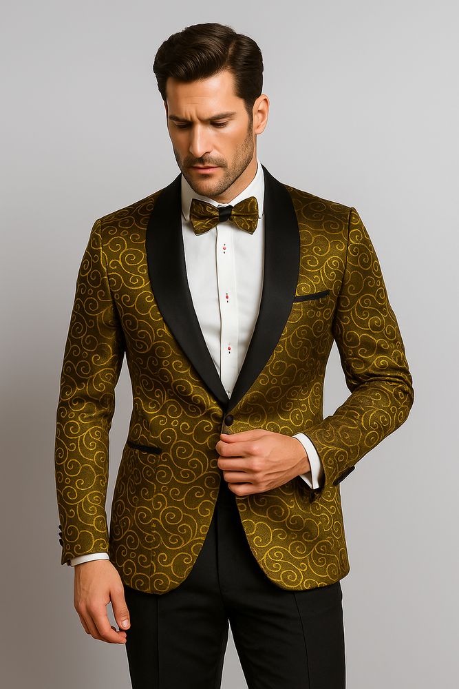 Gold And Black Two Toned Paisley Floral Blazer Tuxedo Dinner Jacket Fashion Sport Coat + Matching Bow Tie