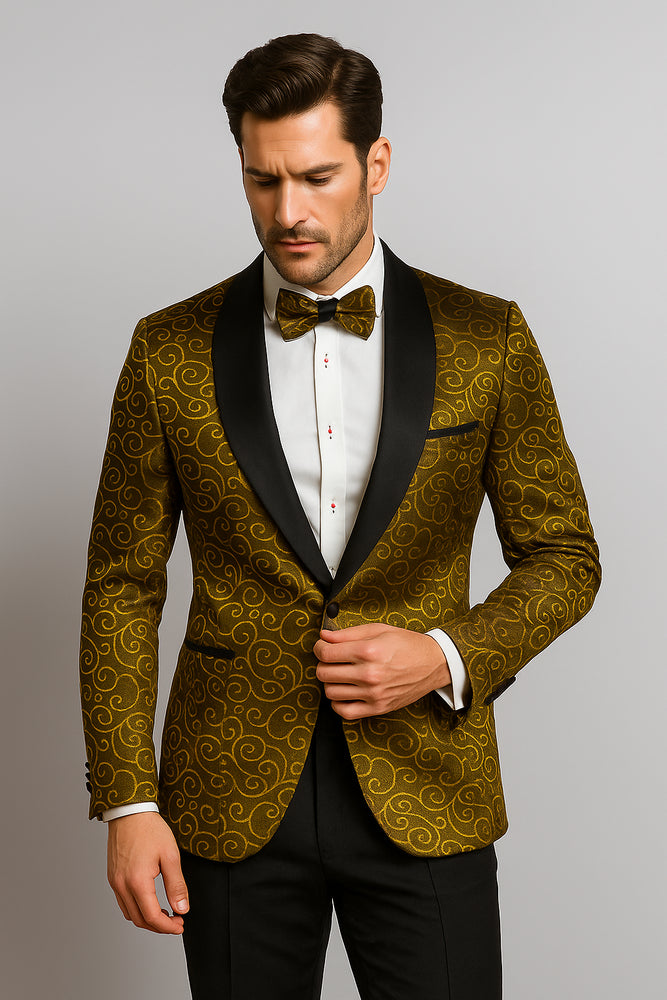 Gold And Black Two Toned Paisley Floral Blazer Tuxedo Dinner Jacket Fashion Sport Coat + Matching Bow Tie