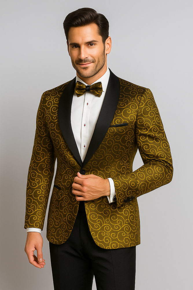 Gold And Black Two Toned Paisley Floral Blazer Tuxedo Dinner Jacket Fashion Sport Coat + Matching Bow Tie