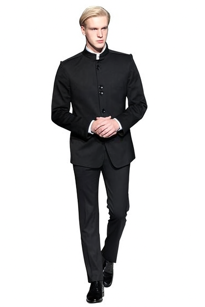 Super High Quality Exclusive Style and Cut 8 Button Black Mandarin Banded Collar Suits