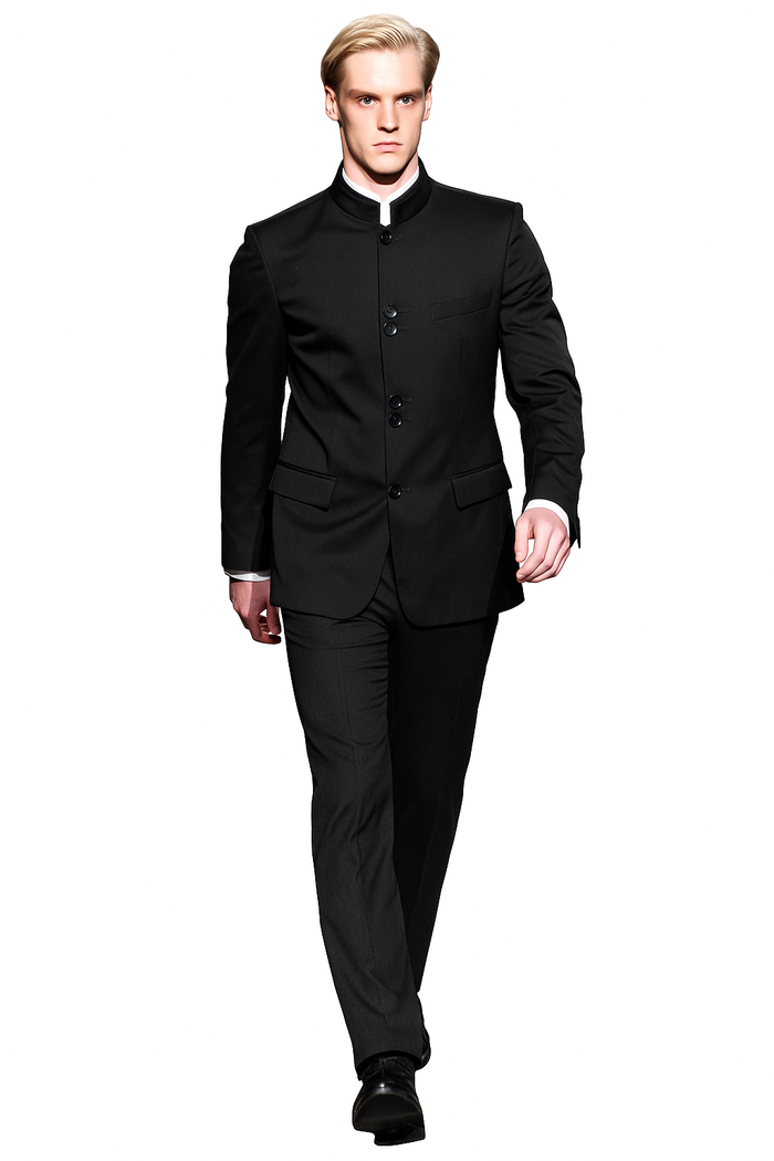 Super High Quality Exclusive Style and Cut 8 Button Black Mandarin Banded Collar Suits