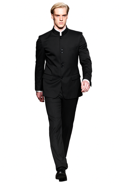 Super High Quality Exclusive Style and Cut 8 Button Black Mandarin Banded Collar Suits