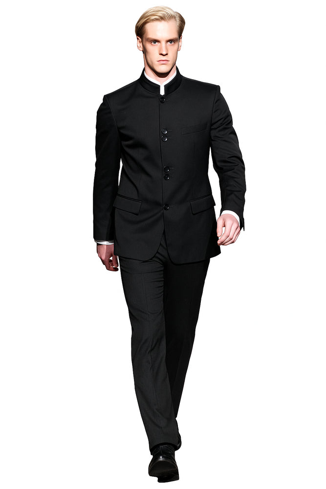 Super High Quality Exclusive Style and Cut 8 Button Black Mandarin Banded Collar Suits