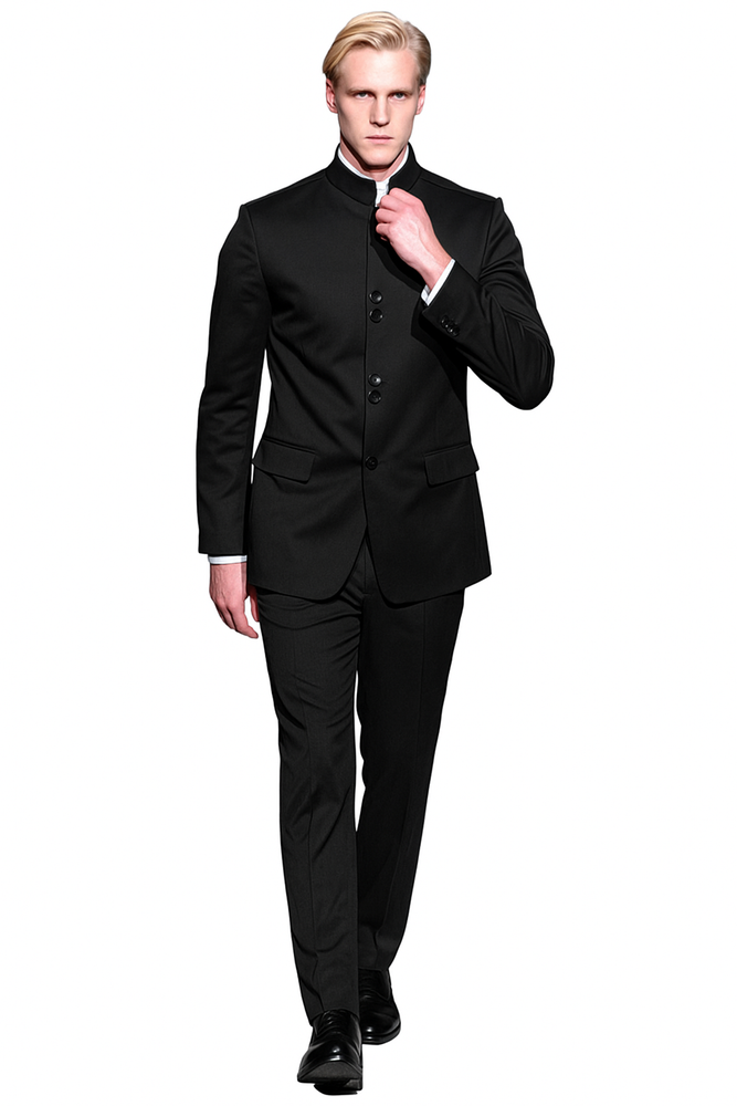 Super High Quality Exclusive Style and Cut 8 Button Black Mandarin Banded Collar Suits