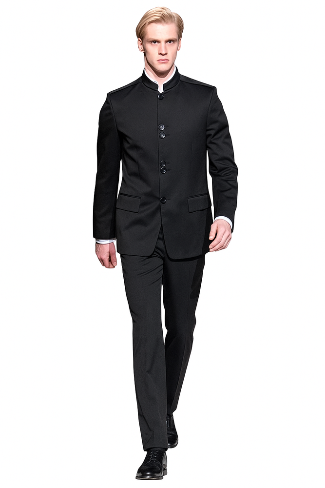 Super High Quality Exclusive Style and Cut 8 Button Black Mandarin Banded Collar Suits