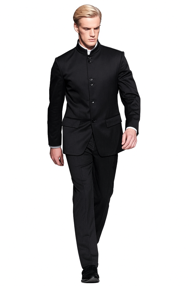 Super High Quality Exclusive Style and Cut 8 Button Black Mandarin Banded Collar Suits