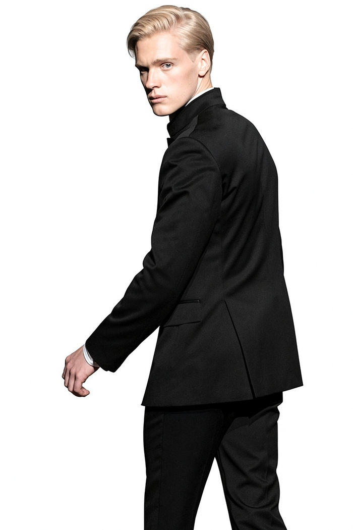 Super High Quality Exclusive Style and Cut 8 Button Black Mandarin Banded Collar Suits