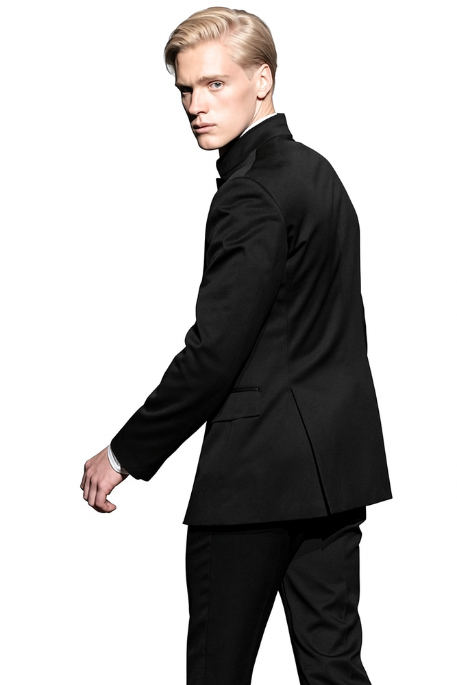 Super High Quality Exclusive Style and Cut 8 Button Black Mandarin Banded Collar Suits