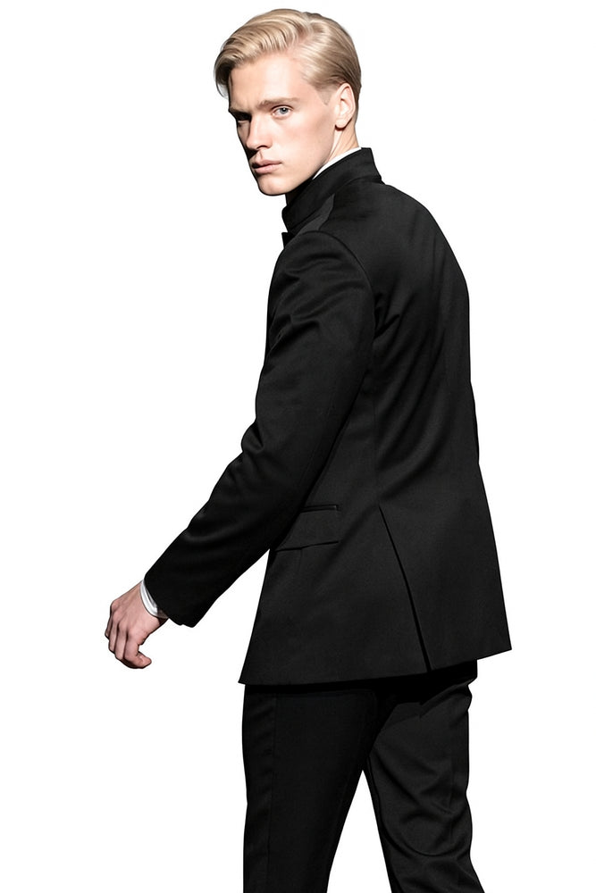 Super High Quality Exclusive Style and Cut 8 Button Black Mandarin Banded Collar Suits