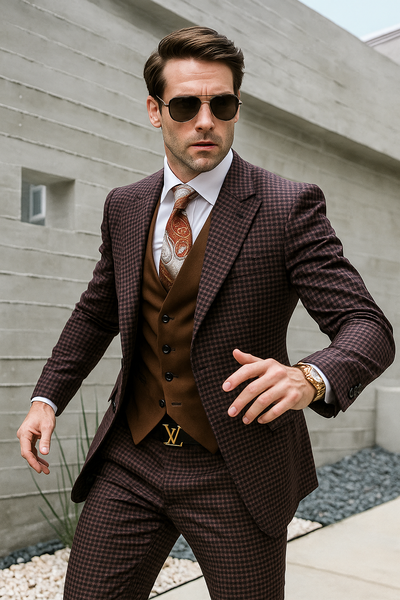Brown Plaid Suit - Copper - Orange - Rust Color Double Breasted Vest Windowpane Pattern Suit - Wool