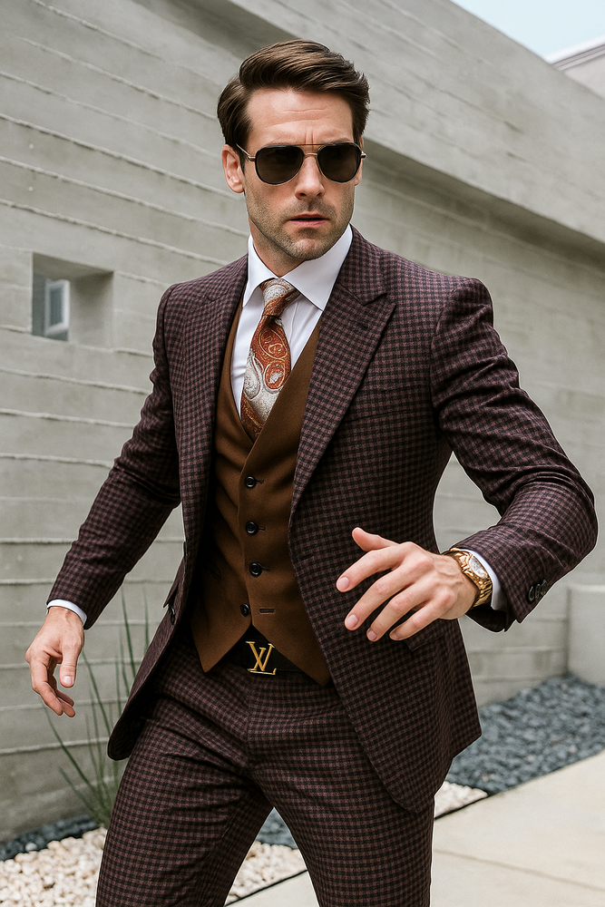 Brown Plaid Suit - Copper - Orange - Rust Color Double Breasted Vest Windowpane Pattern Suit - Wool Suit - Peak Lapel Side Vented Modern Fit
