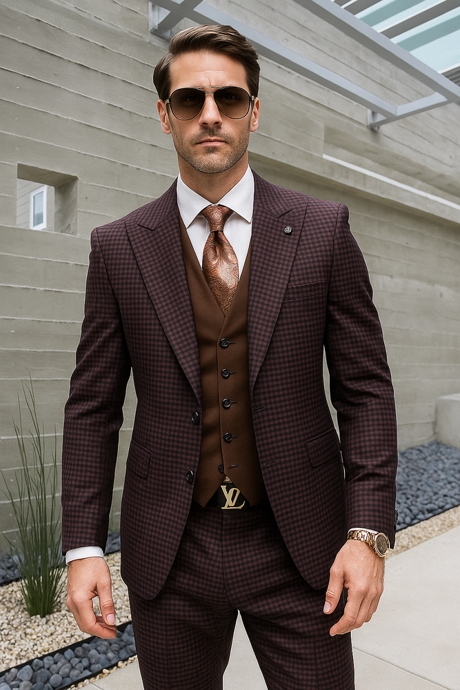 Brown Plaid Suit - Copper - Orange - Rust Color Double Breasted Vest Windowpane Pattern Suit - Wool