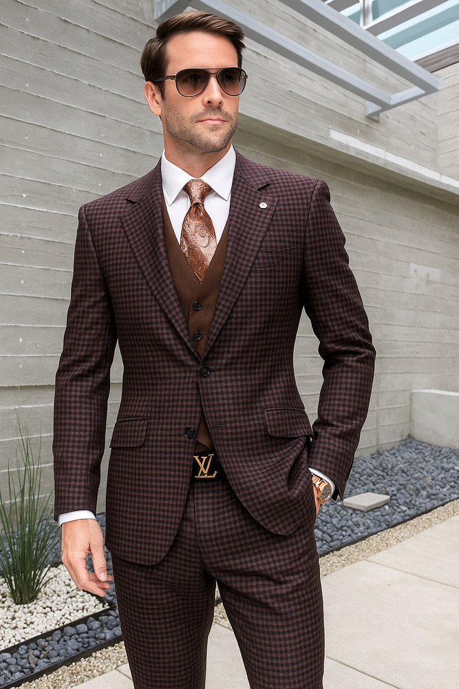 Brown Plaid Suit - Copper - Orange - Rust Color Double Breasted Vest Windowpane Pattern Suit - Wool