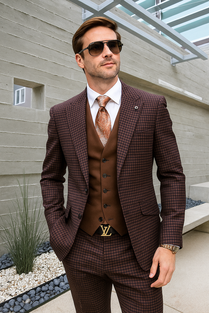 Brown Plaid Suit - Copper - Orange - Rust Color Double Breasted Vest Windowpane Pattern Suit - Wool Suit - Peak Lapel Side Vented Modern Fit