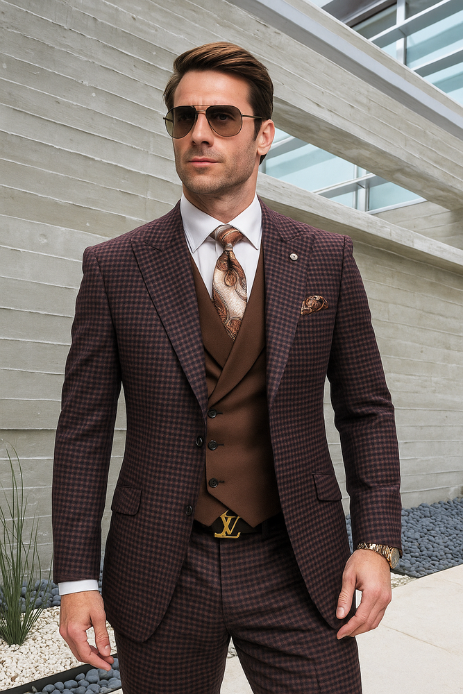 Brown Plaid Suit - Copper - Orange - Rust Color Double Breasted Vest Windowpane Pattern Suit - Wool
