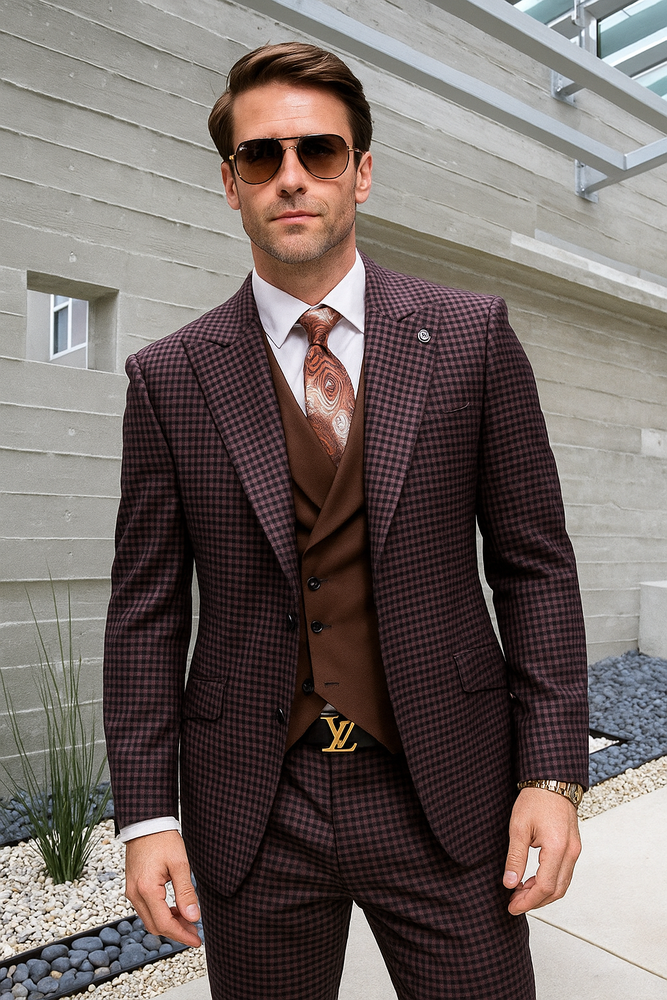 Brown Plaid Suit - Copper - Orange - Rust Color Double Breasted Vest Windowpane Pattern Suit - Wool