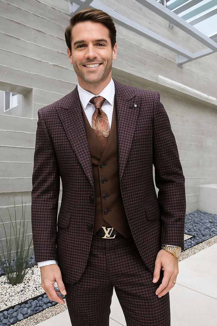 Brown Plaid Suit - Copper - Orange - Rust Color Double Breasted Vest Windowpane Pattern Suit - Wool