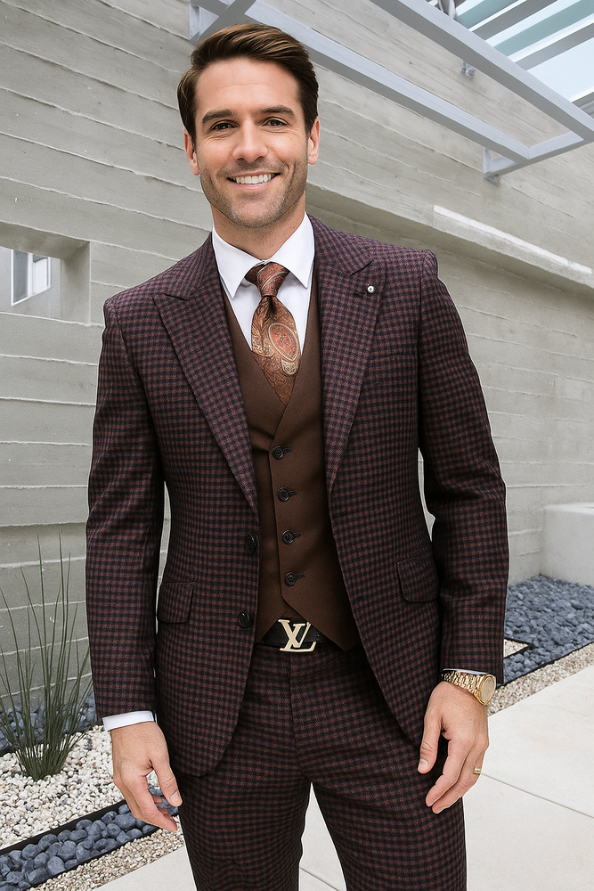 Brown Plaid Suit - Copper - Orange - Rust Color Double Breasted Vest Windowpane Pattern Suit - Wool Suit - Peak Lapel Side Vented Modern Fit