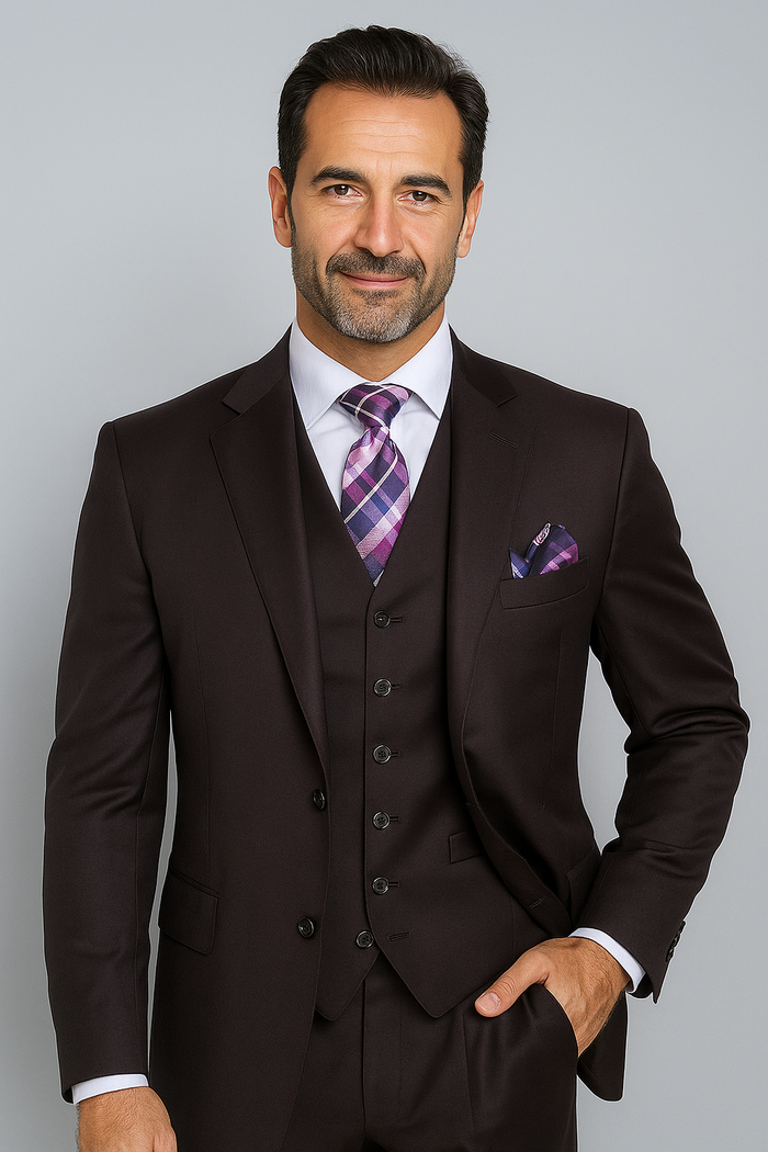 Notch Lapel Solid Very Dark Purple With Very Dark Purple Hand-Pick Stitching  Vested three piece suit