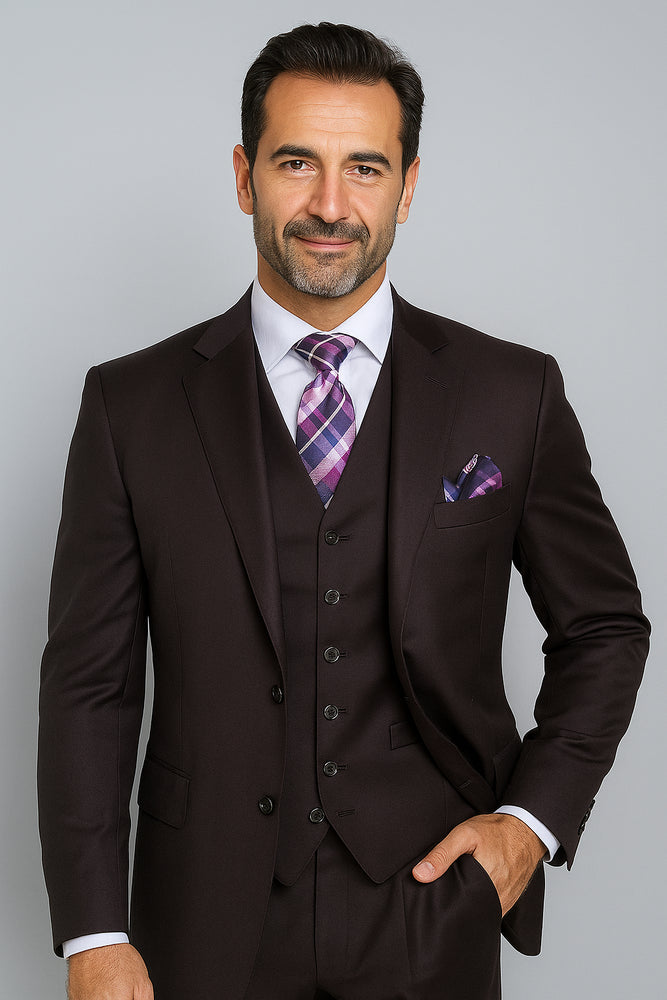 Notch Lapel Solid Very Dark Purple With Very Dark Purple Hand-Pick Stitching Super 150'S Wool Vested three piece suit