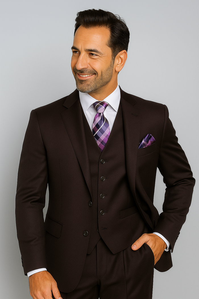 Notch Lapel Solid Very Dark Purple With Very Dark Purple Hand-Pick Stitching  Vested three piece suit