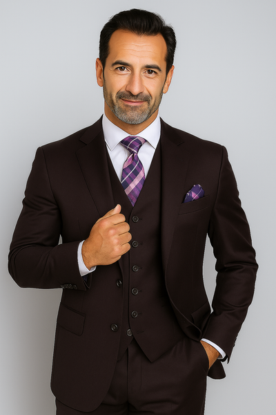 Notch Lapel Solid Very Dark Purple With Very Dark Purple Hand-Pick Stitching Super 150'S Wool Vested three piece suit
