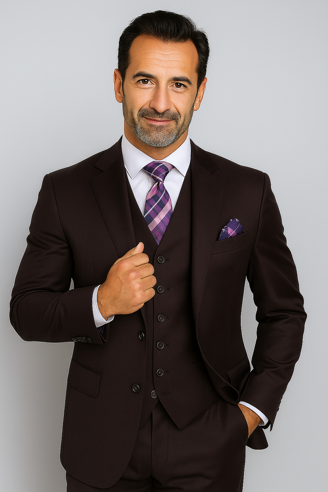 Notch Lapel Solid Very Dark Purple With Very Dark Purple Hand-Pick Stitching Super 150'S Wool Vested three piece suit