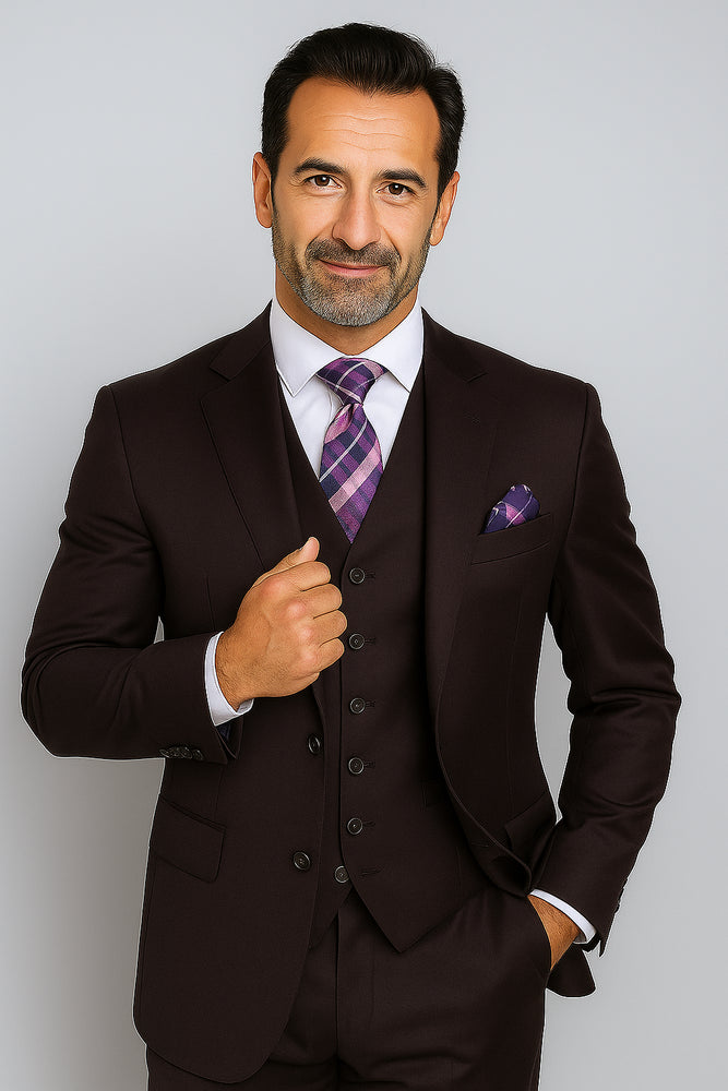 Notch Lapel Solid Very Dark Purple With Very Dark Purple Hand-Pick Stitching Super 150'S Wool Vested three piece suit