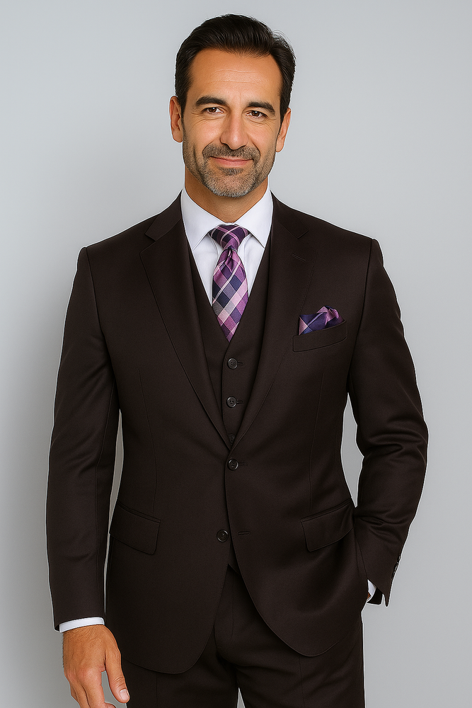 Notch Lapel Solid Very Dark Purple With Very Dark Purple Hand-Pick Stitching Super 150'S Wool Vested three piece suit