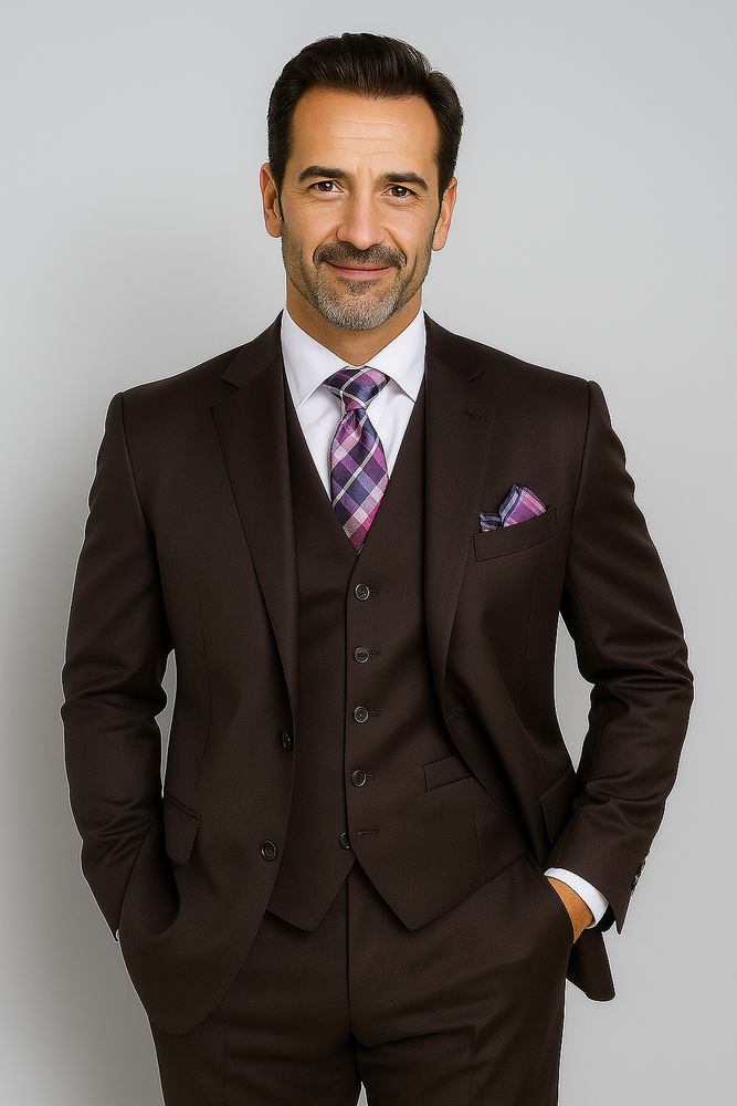 Notch Lapel Solid Very Dark Purple With Very Dark Purple Hand-Pick Stitching Super 150'S Wool Vested three piece suit