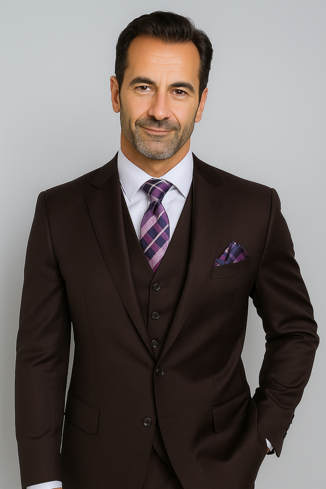 Notch Lapel Solid Very Dark Purple With Very Dark Purple Hand-Pick Stitching Super 150'S Wool Vested three piece suit