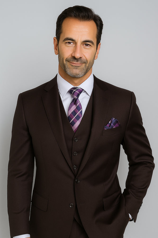 Notch Lapel Solid Very Dark Purple With Very Dark Purple Hand-Pick Stitching Super 150'S Wool Vested three piece suit
