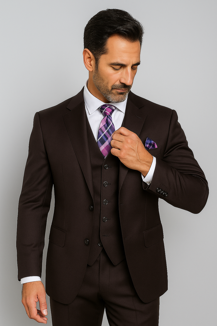 Notch Lapel Solid Very Dark Purple With Very Dark Purple Hand-Pick Stitching  Vested three piece suit