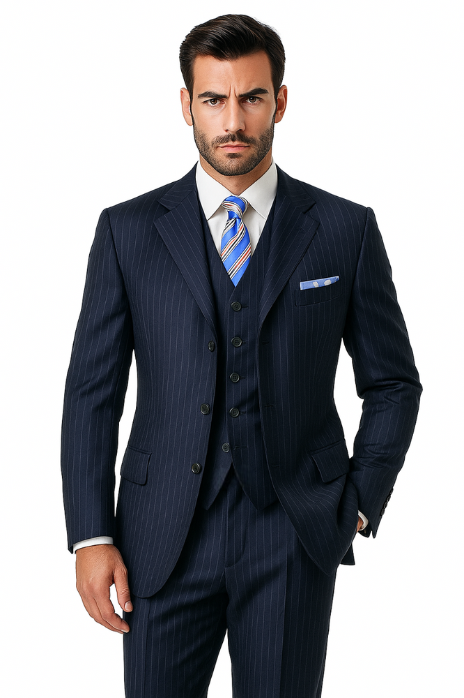 Alberto Nardoni Vested Pinstripe 100% Wool Suit Pleated Pants Three ~ 3 Buttons Vested (Wholesale Price $95 (12pc&UPMinimum)) $175