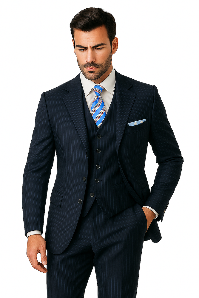 Alberto Nardoni Vested Pinstripe 100% Wool Suit Pleated Pants Three ~ 3 Buttons Vested (Wholesale Price $95 (12pc&UPMinimum)) $175