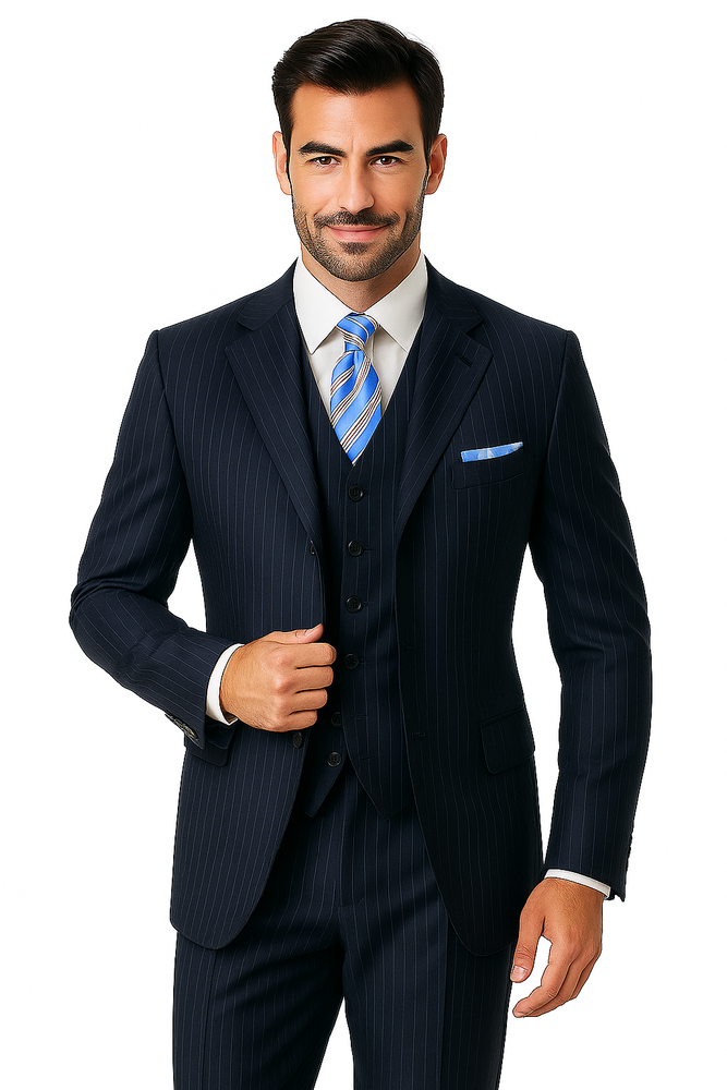 Alberto Nardoni Vested Pinstripe 100% Wool Suit Pleated Pants Three ~ 3 Buttons Vested (Wholesale Price $95 (12pc&UPMinimum)) $175