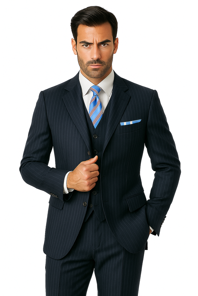 Alberto Nardoni Vested Pinstripe 100% Wool Suit Pleated Pants Three ~ 3 Buttons Vested (Wholesale Price $95 (12pc&UPMinimum)) $175