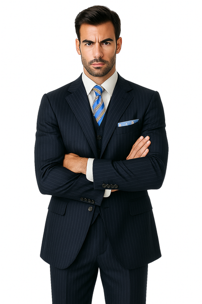 Alberto Nardoni Vested Pinstripe 100% Wool Suit Pleated Pants Three ~ 3 Buttons Vested (Wholesale Price $95 (12pc&UPMinimum)) $175