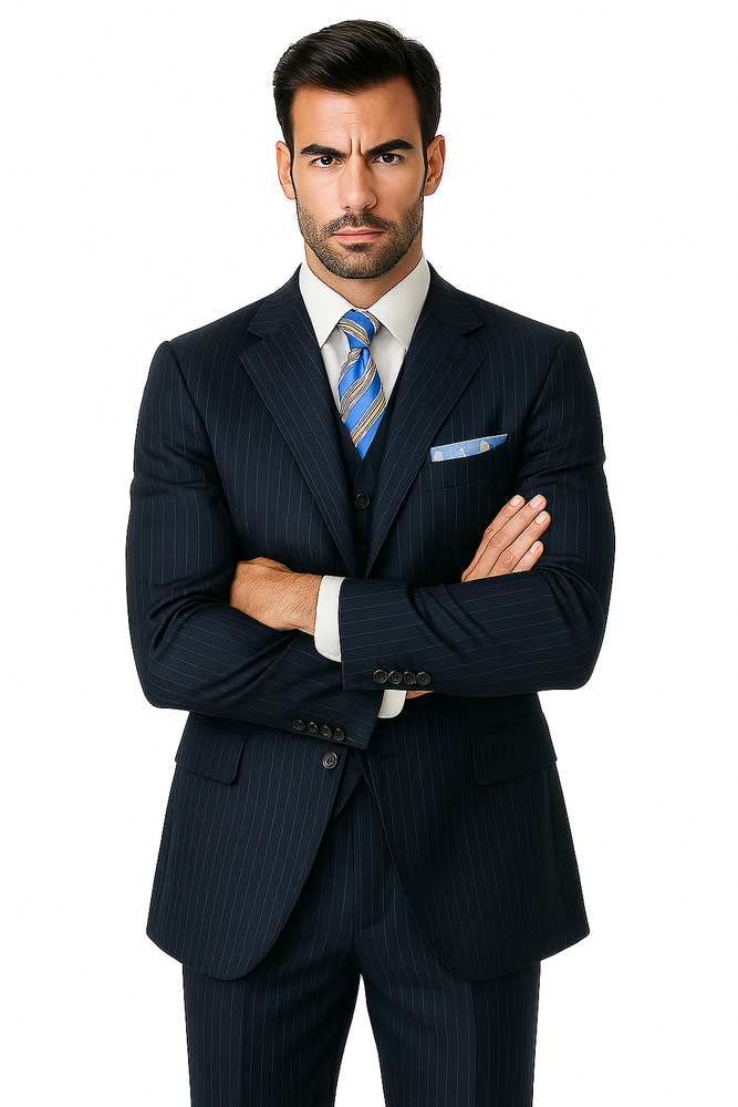 Alberto Nardoni Vested Pinstripe 100% Wool Suit Pleated Pants Three ~ 3 Buttons Vested (Wholesale Price $95 (12pc&UPMinimum)) $175