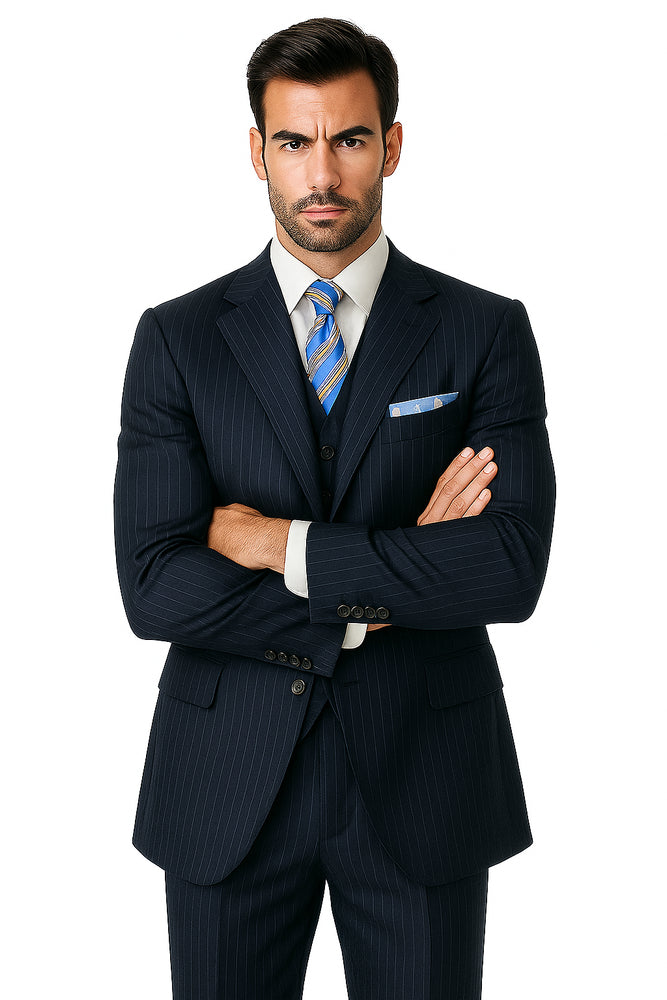 Alberto Nardoni Vested Pinstripe 100% Wool Suit Pleated Pants Three ~ 3 Buttons Vested (Wholesale Price $95 (12pc&UPMinimum)) $175
