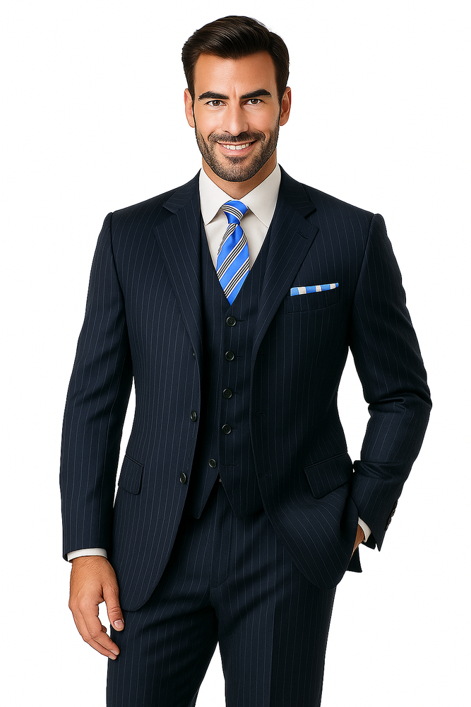 Alberto Nardoni Vested Pinstripe 100% Wool Suit Pleated Pants Three ~ 3 Buttons Vested (Wholesale Price $95 (12pc&UPMinimum)) $175